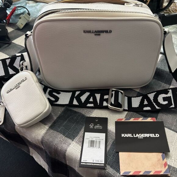 Karl Lagerfeld Handbags - Karl Lagerfeld Paris Maybelle Camera Crossbody Bag White Black and Chrome New